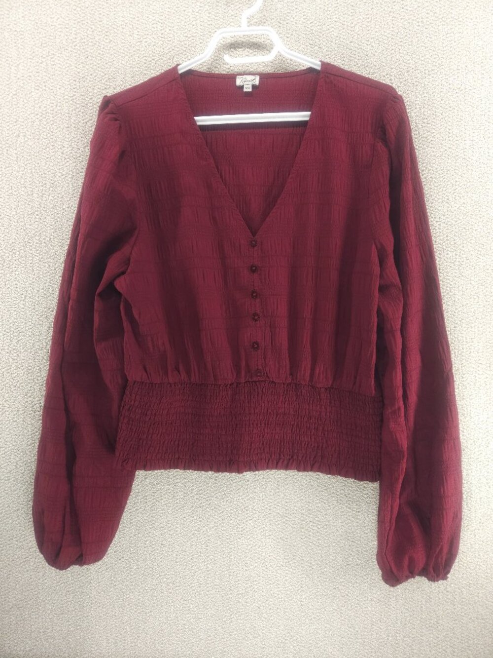 Kismet Burgundy Long Sleeve Smocked Waist Blouse